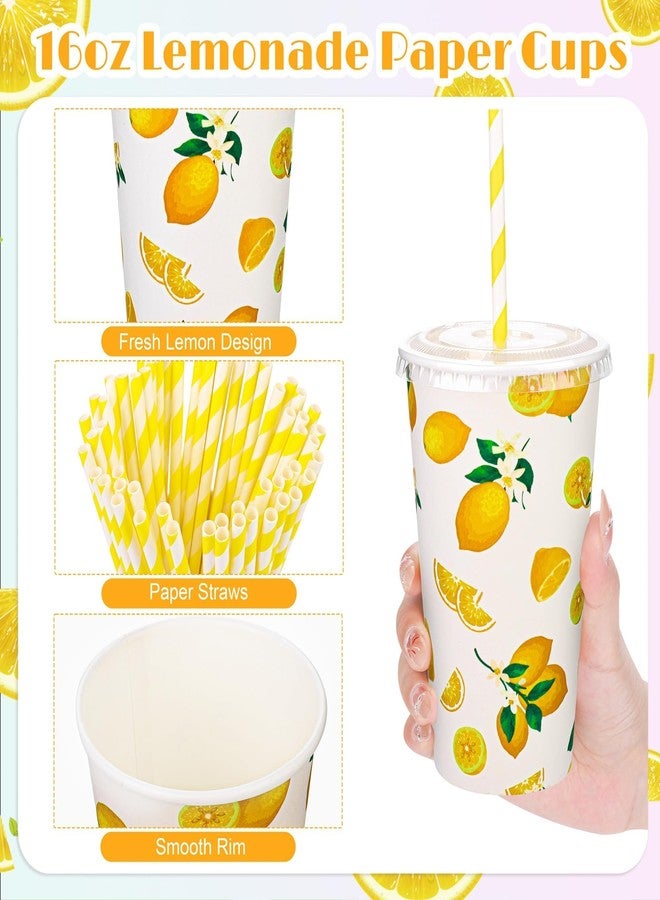 Kochorie 180 Pieces/60 Sets Lemonade Cups Disposable Paper Cups with Lids and Paper Straws 16oz Yellow Paper Cups Lemonade Stand Supplies for Cold Hot Beverage Juice Summer Fruit Party - Image 3
